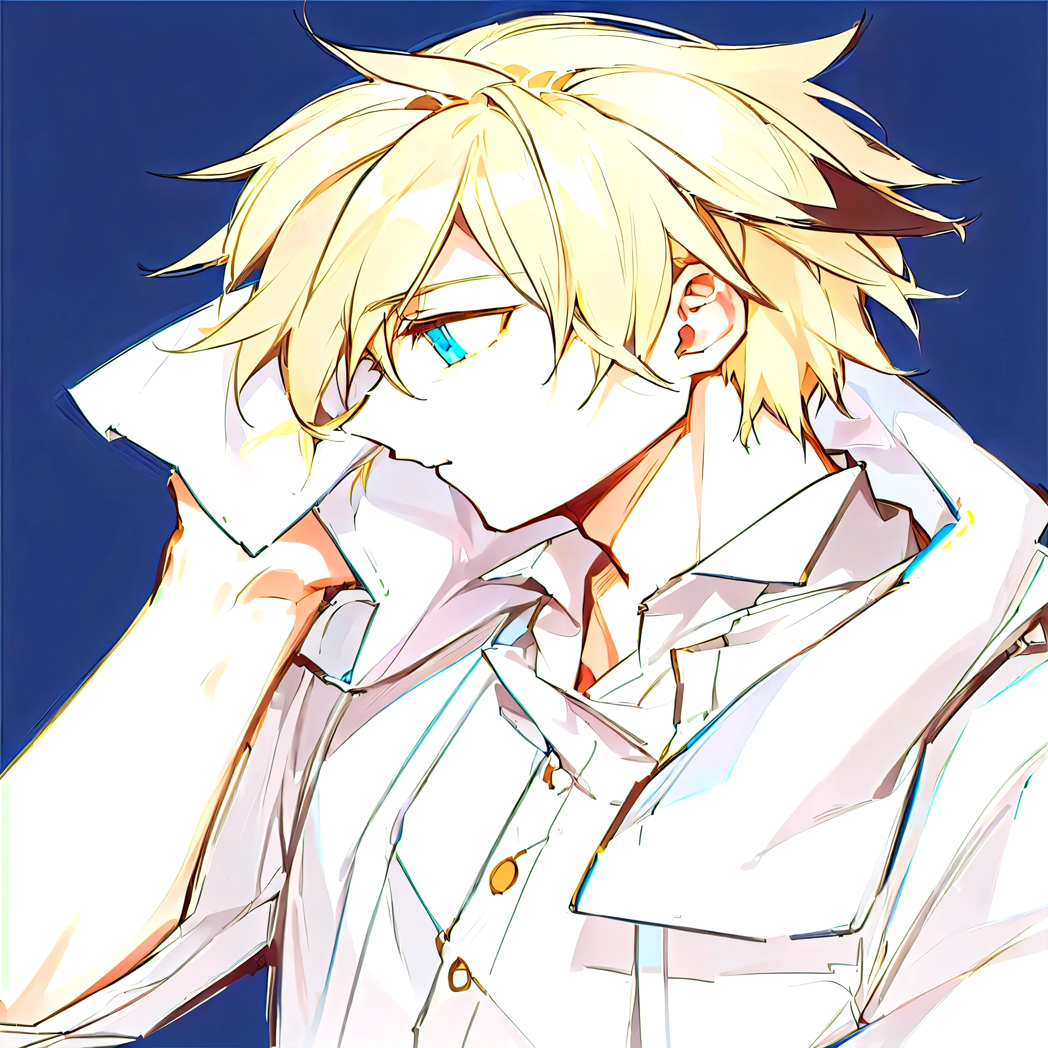 anime boy with blonde hair and blue eyes in white shirt, tall anime guy with blue eyes, handsome anime pose, hajime yatate, young anime man, male anime character, anime handsome man, anime boy, key anime visuals, key anime art, kaworu nagisa, blonde boy with yellow eyes, anime portrait of a handsome man