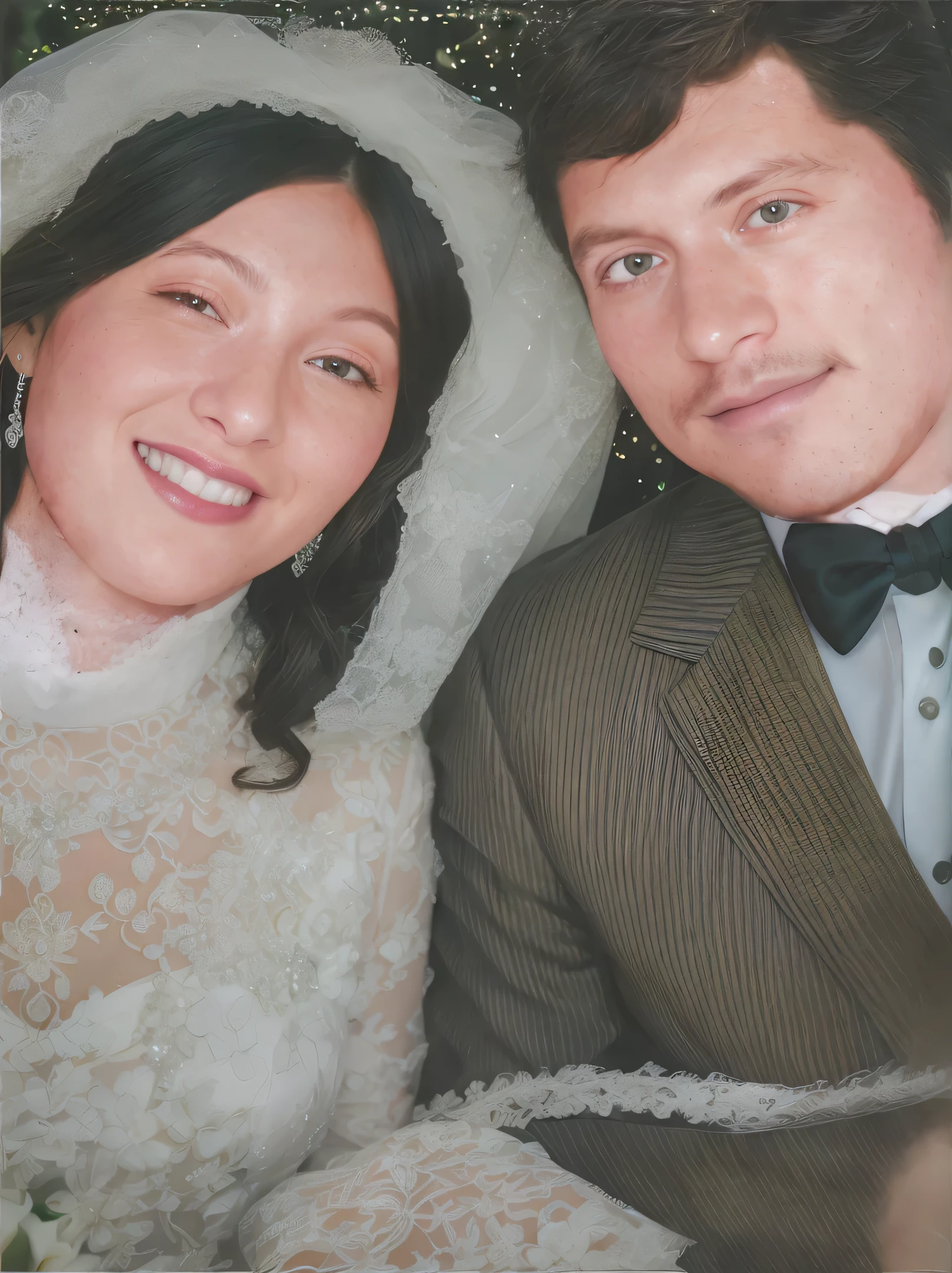 Make this photo look detailed and realistic, bride and groom posing for a picture in a photo booth, wedding couple, a colorized photo, wedding photo, couple portrait, colorized photo, couples portrait, rendering of close up portrait, colorized, restored photo, highly detailed photo portrait, wedding, colorized photograph, detailed portrait, [ realistic photo ]!!, highly detailed vfx portrait of, realistic portrait photo, portrait of two people