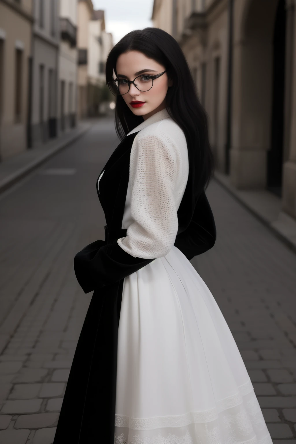 jolie jeune femme avec lunettes, tousled black hair, yeux verts. Lipstick. traits harmonieux. photographie de tout le corps, silhouette harmonieuse et sportive. tenue  robe noire et escarpins. photo realistic, prise de vue professionnelle. Femme blanche de type européen.