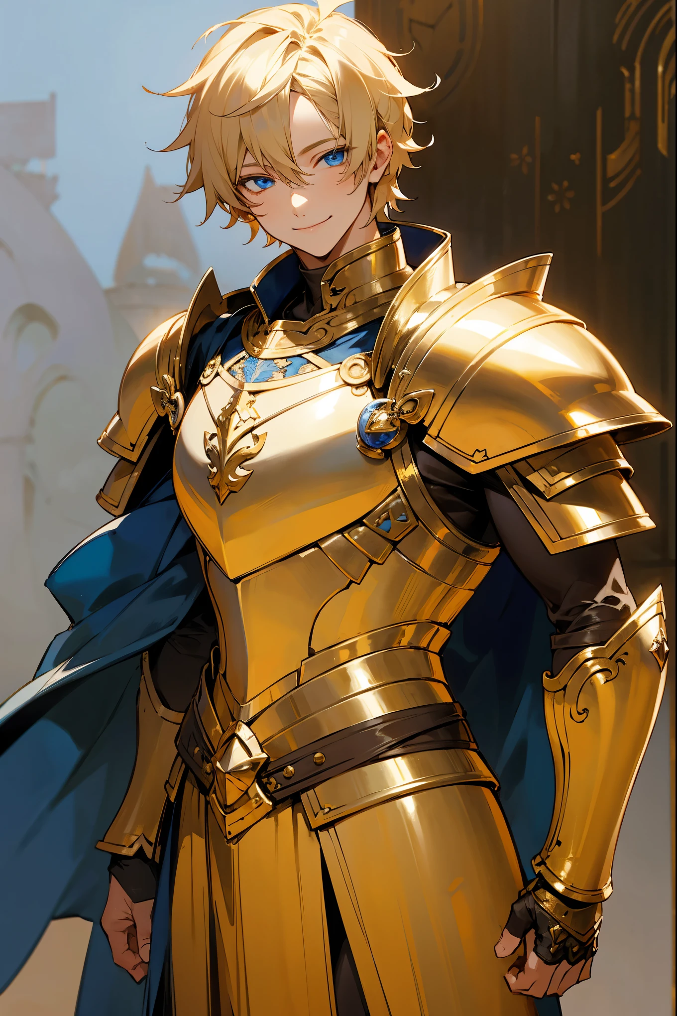 1male, blonde hair, short messy hair, blue eyes, silver and gold armor, smiling, fantasy background, standing on path, detailed background, detailed face