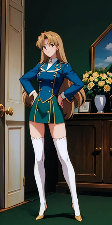 ((Masterpiece, highres)), 2girls, duo, twins, ((one brown haired girl, one blonde girl)), long hair, curly hair, matching hairstyles, different hair color, confident, elegant, rich girls, (((matching outfits, identical outfits, blue uniforms, sexy uniforms, white thighhighs, long white socks, black high heels))), standing at attention, shoulder to shoulder, same pose, mansion, RETRO ARTSTYLE, 1990S (STYLE)