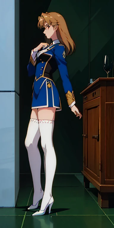 ((Masterpiece, highres)), 2girls, duo, twins, ((one brown haired girl, one blonde girl)), long hair, curly hair, matching hairstyles, different hair color, confident, elegant, rich girls, (((matching outfits, identical outfits, blue uniforms, sexy uniforms, white thighhighs, long white socks, black high heels))), standing at attention, shoulder to shoulder, same pose, mansion, RETRO ARTSTYLE, 1990S (STYLE)