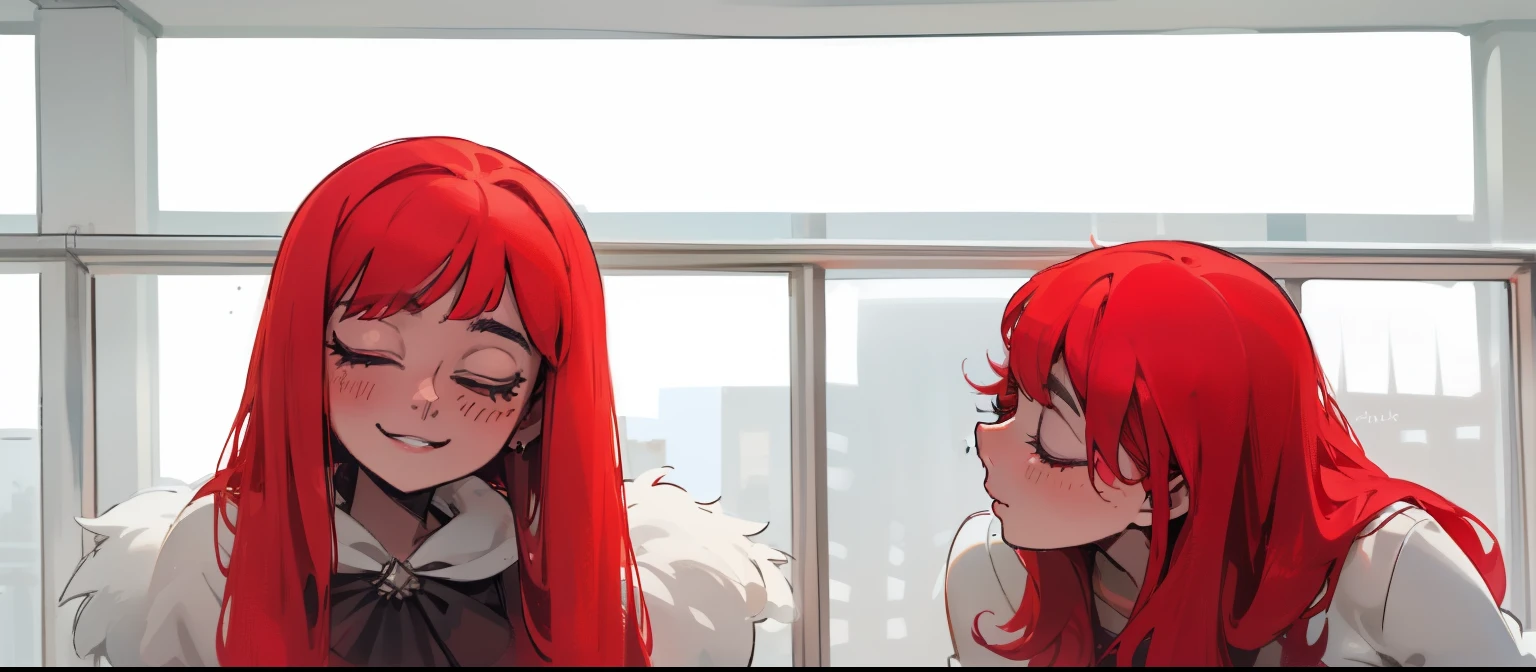 hay dos chicas de cabello rojo haciendo un plan maligno en secreto sonrrien con maldas