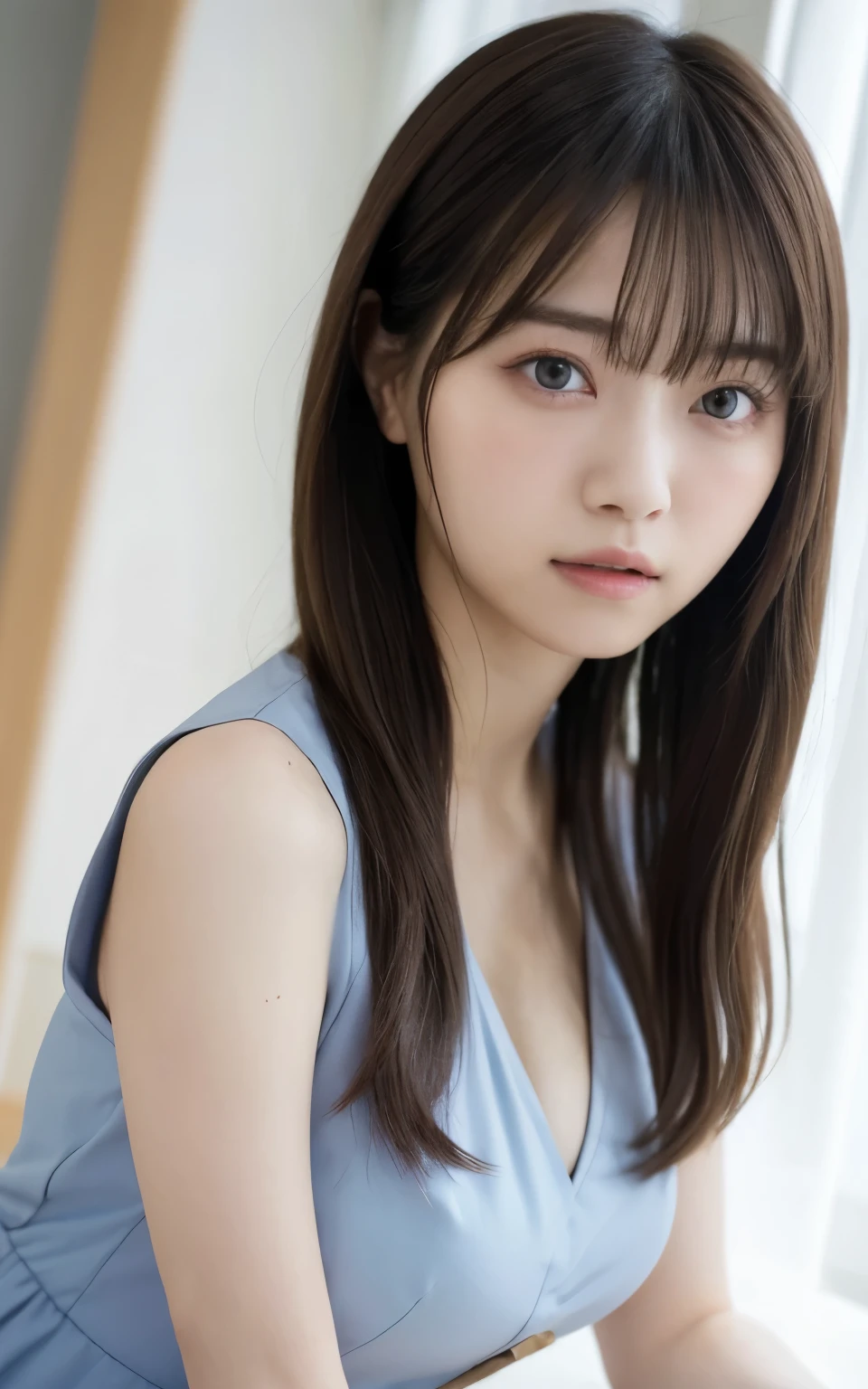 masterpiece, highest quality, 8k, 20th Generation, Large Breasts, cute, alone, sad, cute, Girlish, Delicate girl, Pure beauty, RAW Photos, Professional photography, Portraiture, Soft Light, Professional Lighting, Backlight, Upper Body, avert your eyes, Sophisticated, Film Grain, (Eyes and facial details:1.0), Short floating hair, Beautiful, flowing hair, bangs, Female office worker uniform、(Large Breasts:1.0)、You can see a little cleavage、Dolly Makeup、Odd Eye、The colour of the left and right eyes are different
