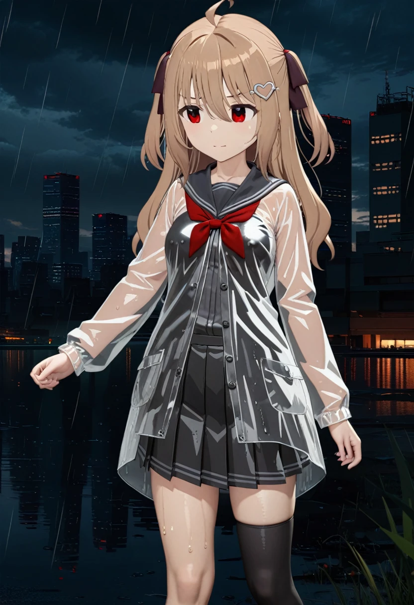 1girl, evil neuro-sama, (yuzu modoki), black skirt, pleated skirt, red eyes, black sailor collar, black cardigan, open cardigan, dark red ribbon, hair ribbon, two side up, ahoge, heart hair ornament, long sleeves, eart, light brown hair, asymmetrical legwear, black thighhighs, black kneehighs, grey footwear, loafers, natural lighting, (masterpiece, best quality), night, skyline, detailed scenery, (3d render:0.7), highly detailed, finely detailed, outdoors, rain, wet, raincoat, transparent raincoat, wet clothes, see-through, see-through sleeves, see-through skirt, see-through clothes, covered nipples,