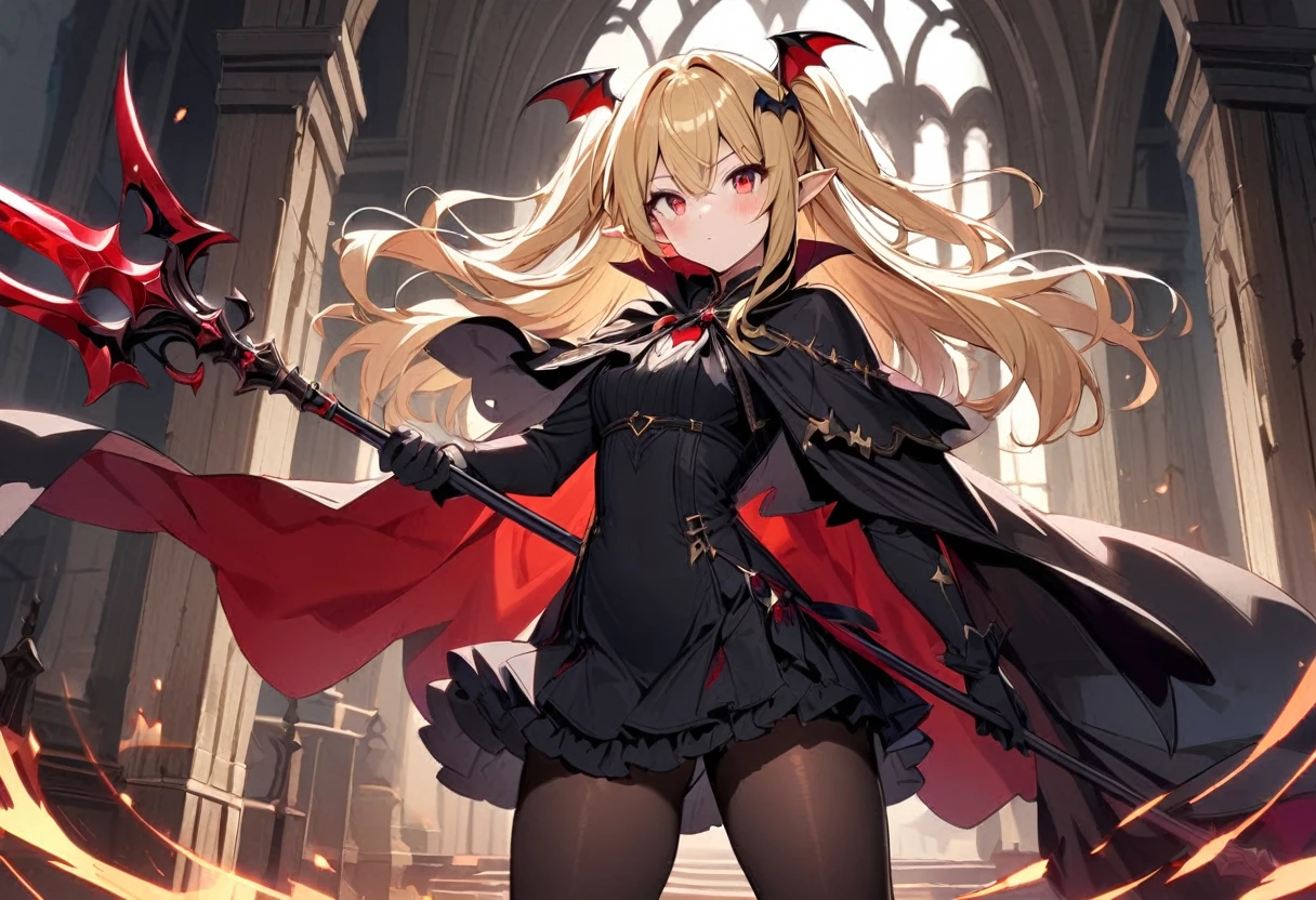 1girl, solo, blonde-hair, red-eyes, pointy-ears, looking-at-viewer, long-hair, pantyhose, vampire, holding, dress, two-side-up, black-pantyhose, hair-ornament, holding-weapon, weapon, black-dress, cape, bat-hair-ornament, standing, polearm, long-sleeves, blush, thick thighs, frills, holding-polearm, black-cape, closed-mouth, short-dress, floating-hair, ((Spear ))