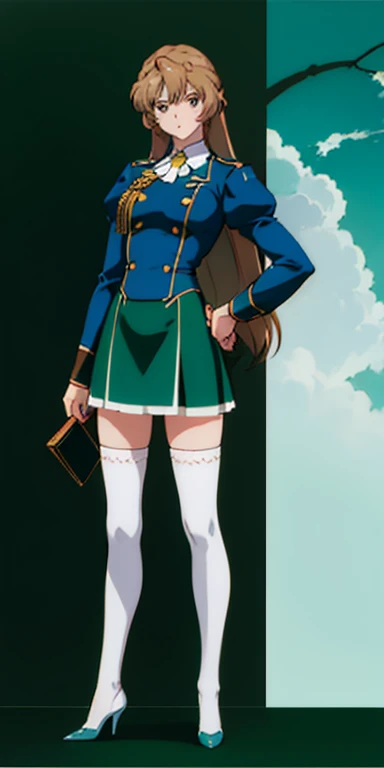 ((Masterpiece, highres)), 2girls, duo, twins, ((one brown haired girl, one blonde girl)), long hair, curly hair, matching hairstyles, different hair color, confident, elegant, rich girls, (((matching outfits, identical outfits, blue uniforms, sexy uniforms, white thighhighs, long white socks, black high heels))), standing at attention, shoulder to shoulder, same pose, mansion, RETRO ARTSTYLE, 1990S (STYLE),Dynamic、intense、