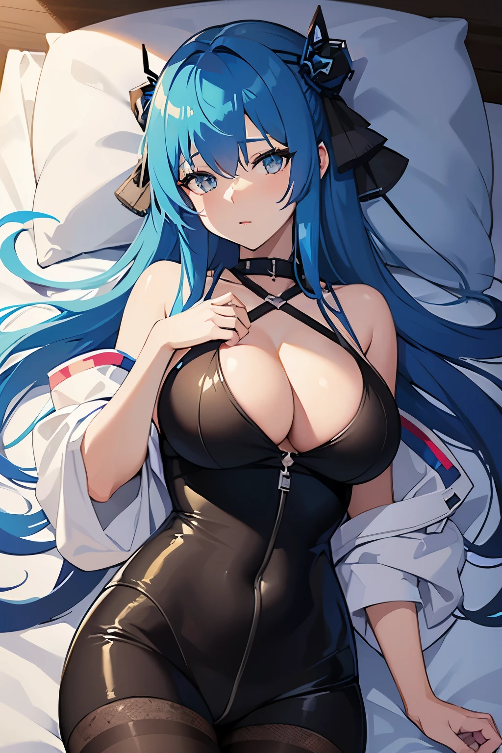 a woman with blue hair laying on a bed, visual novel cg, from arknights, (anime girl), visual novel, cute anime girl, ecchi, anime girl in real life, fine details. anime. skins, attractive anime girl, app, anime girl with long hair, girls frontline cg, smooth anime cg art, azure. detailed hair, game cg