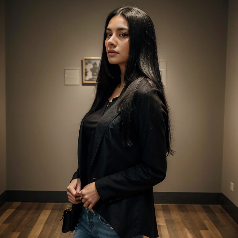 Woman with long black straight hair in the museum wearing a black blouse and a denim blazer
