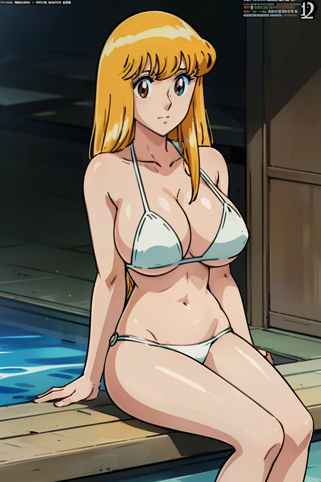 (anime cels style, Masterpiece, best quality, high resolution, anime colored, megami magazine:1.2, anime poster style, anime keyvisual, sharp, 8k, photorealistic), (beautiful eyes:1.5), reiko_aiwaifu, 1girl, blond hair, long hair, (sagging huge breast), (beautiful nude), bikini, cleavage, (upper body, sitting), (perfect detailed anatomy, perfect arms, perfect fingers, beautiful face, perfect body, shiny skin), onsen, 