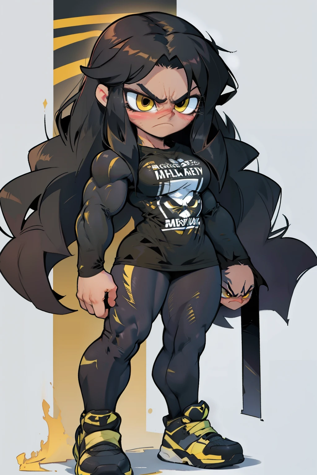 shadow pale skin solo 1 girl black hair yellow eyes angry (very long hair sweaty) dark atmosphere (large breasts bodybuilder toned body muscular) tank top tight pants curvy thick thighs wide hips snow veins foggy steam concrete