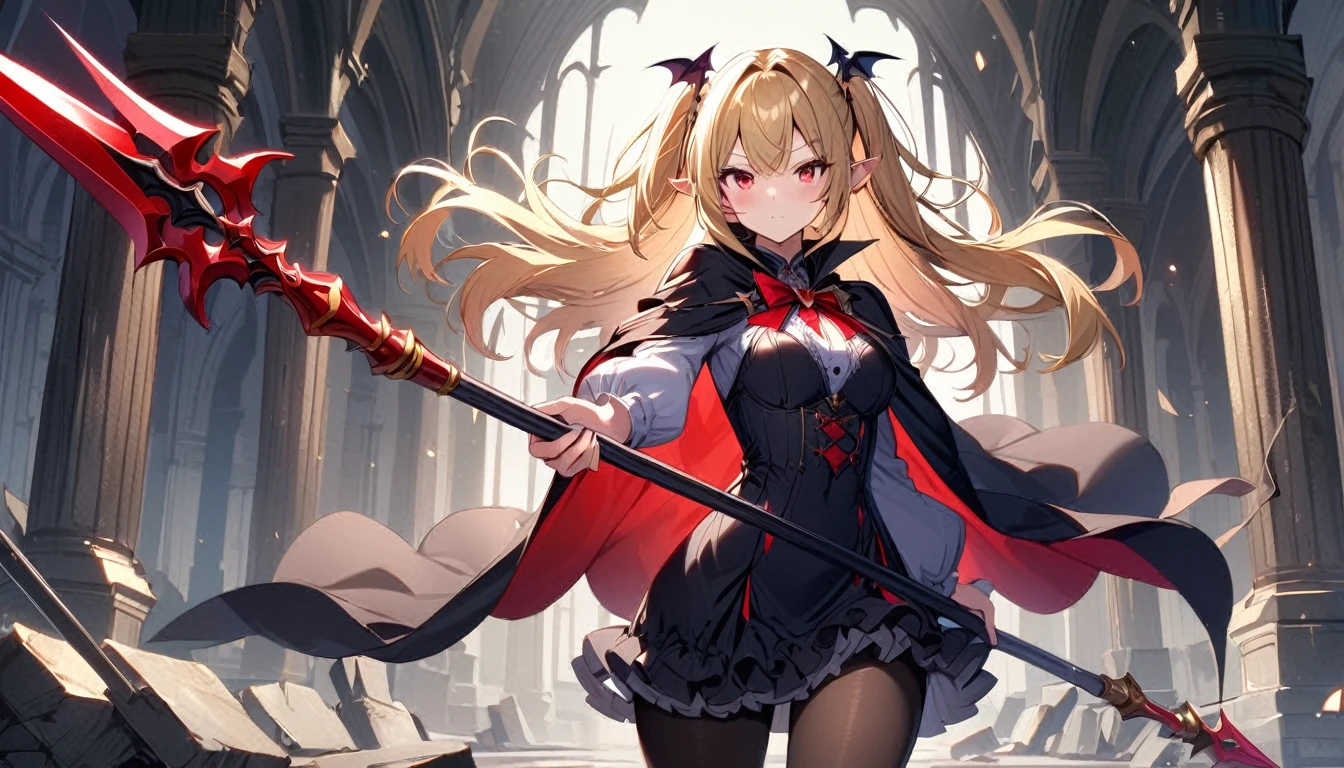 1girl, solo, blonde-hair, red-eyes, pointy-ears, looking-at-viewer, long-hair, pantyhose, vampire, holding, dress, two-side-up, black-pantyhose, hair-ornament, holding-weapon, weapon, black-dress, cape, bat-hair-ornament, standing, polearm, long-sleeves, blush, thick thighs, frills, holding-polearm, black-cape, closed-mouth, short-dress, floating-hair, ((Spear ))
