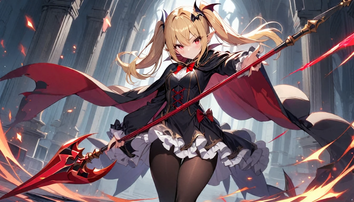 1girl, solo, blonde-hair, red-eyes, pointy-ears, looking-at-viewer, long-hair, pantyhose, vampire, holding, dress, two-side-up, black-pantyhose, hair-ornament, holding-weapon, weapon, black-dress, cape, bat-hair-ornament, standing, polearm, long-sleeves, blush, thick thighs, frills, holding-polearm, black-cape, closed-mouth, short-dress, floating-hair, ((Spear ))

