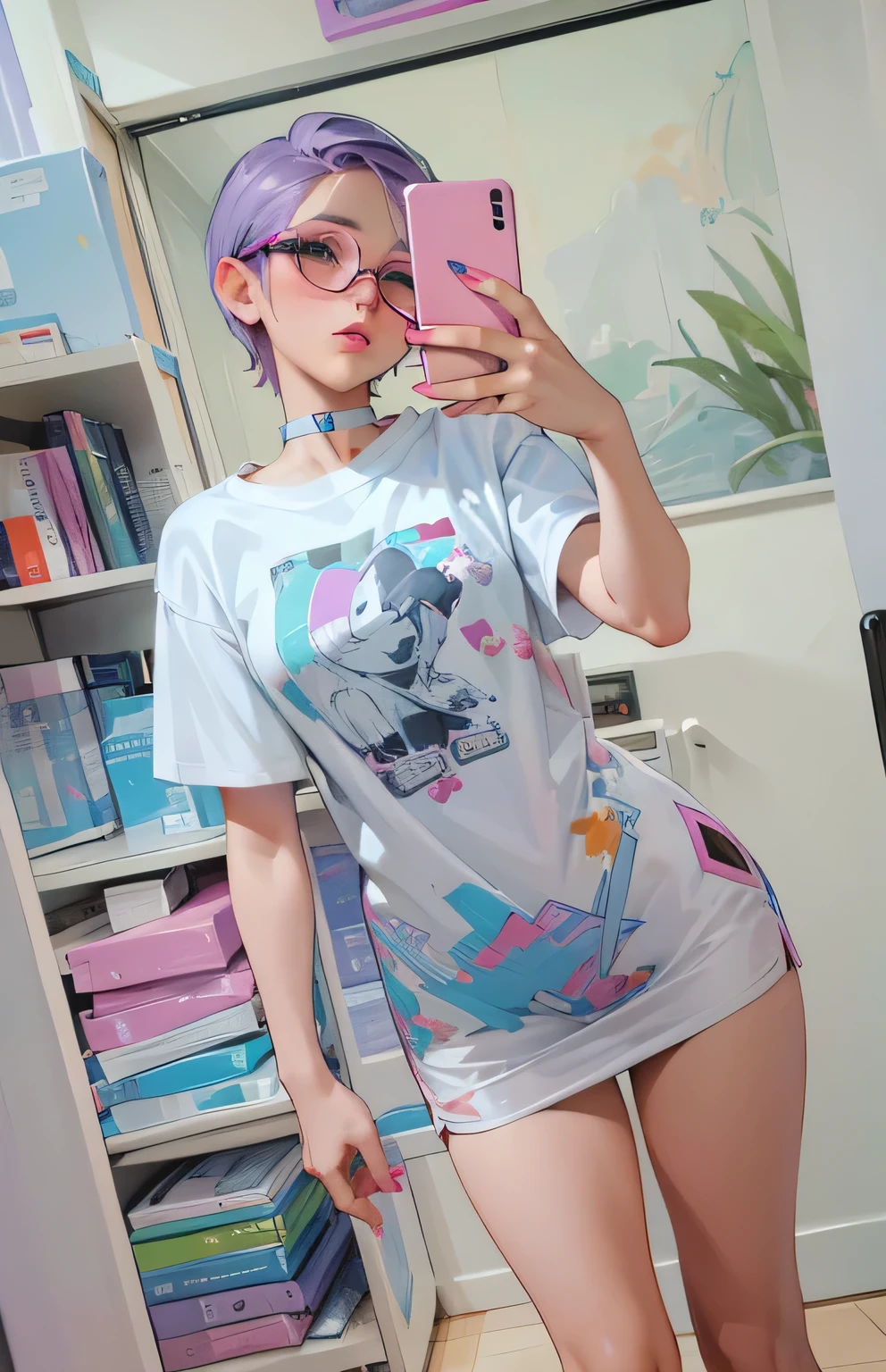 Young girl, 25 years old, FlashoD, short purple hair, round silver glasses, red lips, white fabric choker, wearing a white t-shirt, with short sleeves, with a gray print of an Idol on the t-shirt, she is in 3 /4 taking a selfie in a white room, with a shelf with pastel-colored books, bare legs, long pink nails, very high quality image, FULL HD, 4K, super detailed, refined face, pastel colors, predominantly purple colors .