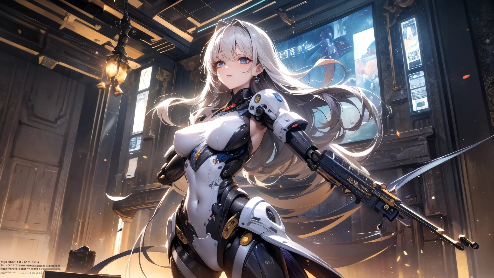 ((highest quality)),(Ultra-high resolution),(Very detailed),(Detailed Description),((The best CG)),(A masterpiece),Ultra-detailed art,Amazing painting art,(Sci-fi art with intricate detail:1.5), (Her arms transform into guns:1.7)