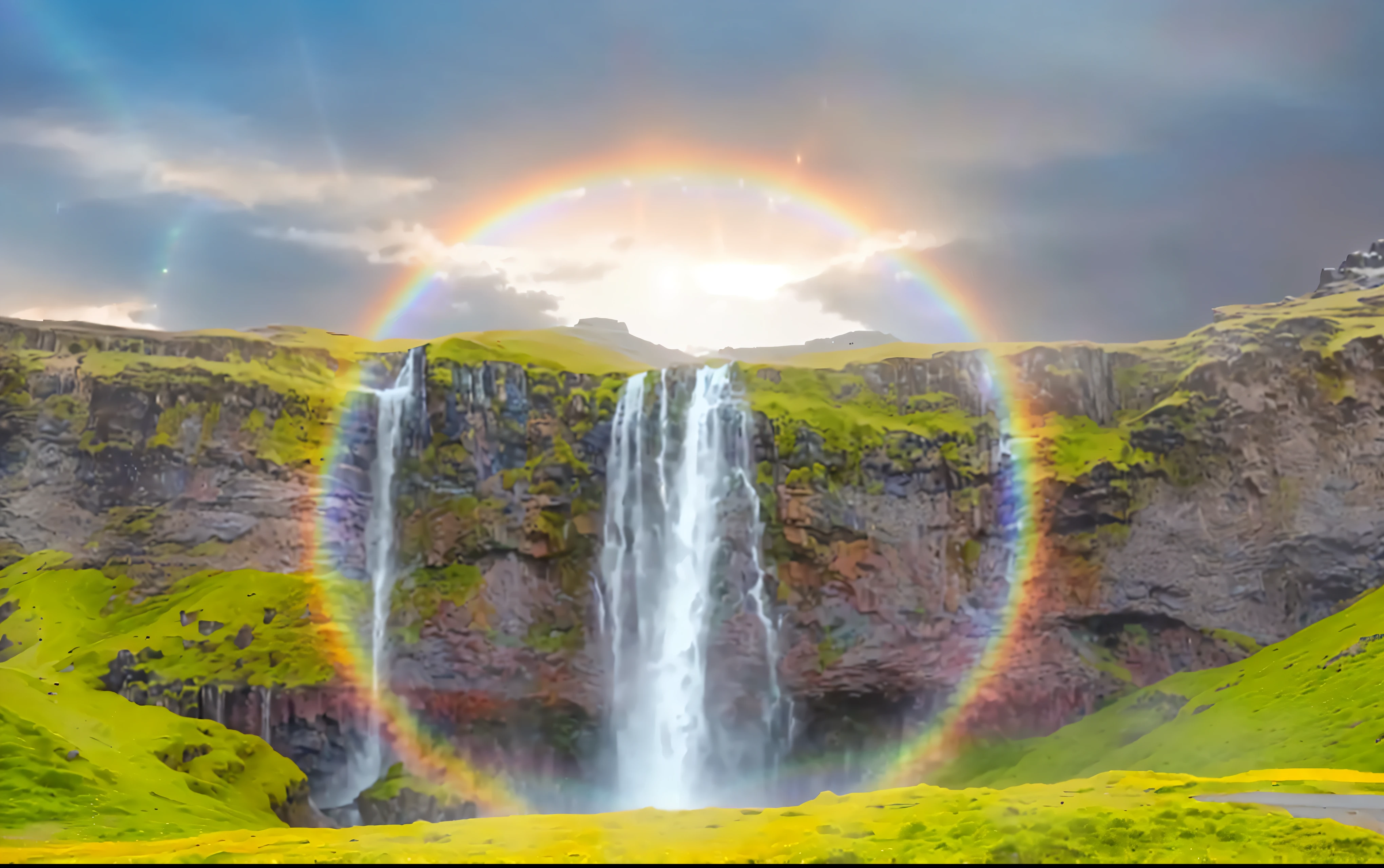 a close up of a rainbow over a waterfall with a rainbow in the sky, ethereal rainbows, cascading iridescent waterfalls, still of rainbow ophanim, waterfall backdrop, moonbow, rainbow river waterfall, iceland, iceland photography, an endless waterfall, rainbow, with waterfalls, floating waterfalls, incredibly beautiful, alien waterfall, emanating and flowing energy, rainbows