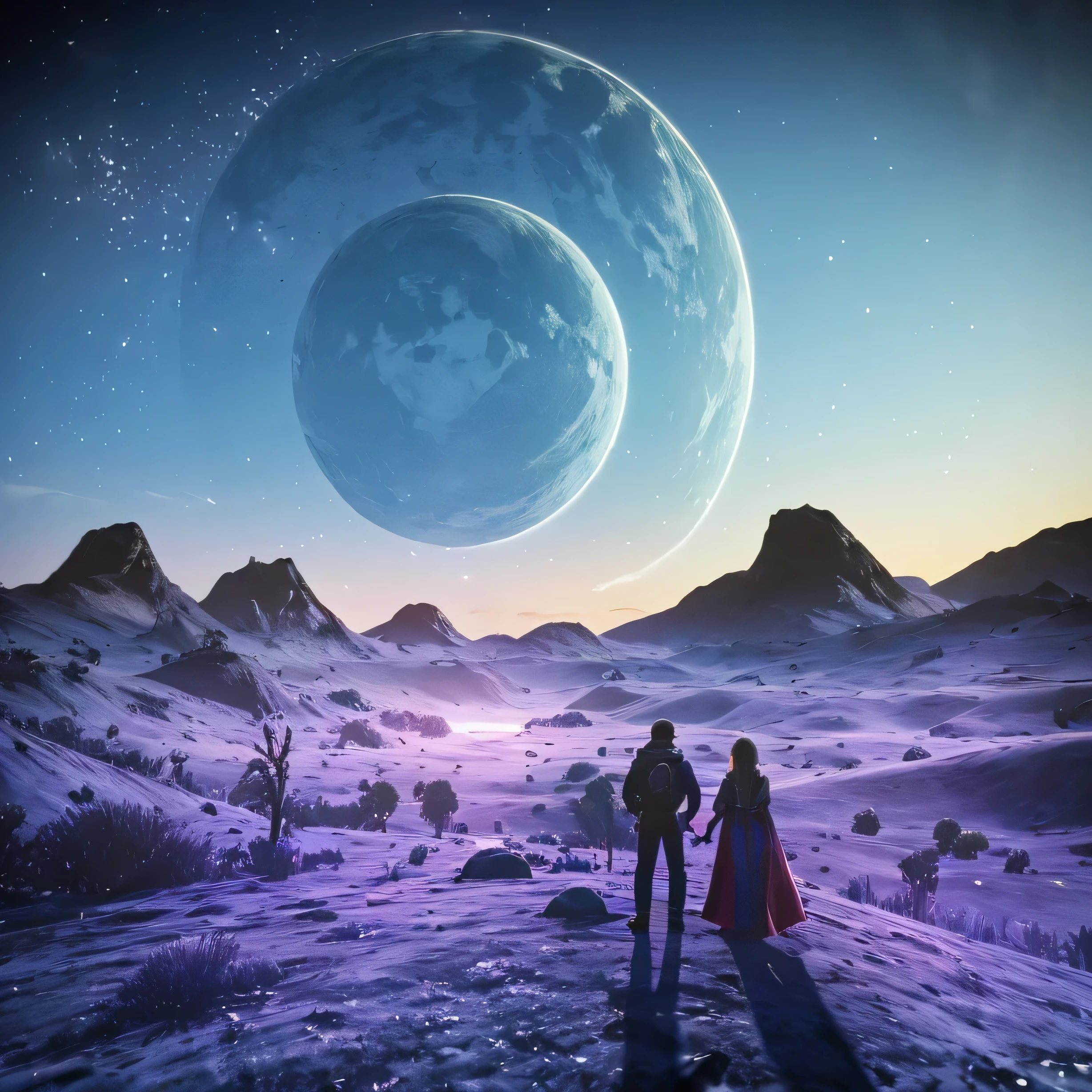 a stunning twilight setting, with soft shades of blue and violet in the sky, representando o momento entre o dia e a noite. No centro, haveria uma silhueta elegante de uma figura humana, standing on a hill, olhando para o horizonte. A figura estaria envolta em um brilho dourado, symbolizing the connection with the celestial light mentioned in the album title. As palavras "Alvorecer Celestial: Twilight Melodies" estariam em letras elegantes e sutis na parte superior da capa, complementando a atmosfera misteriosa e tranquila da cena.