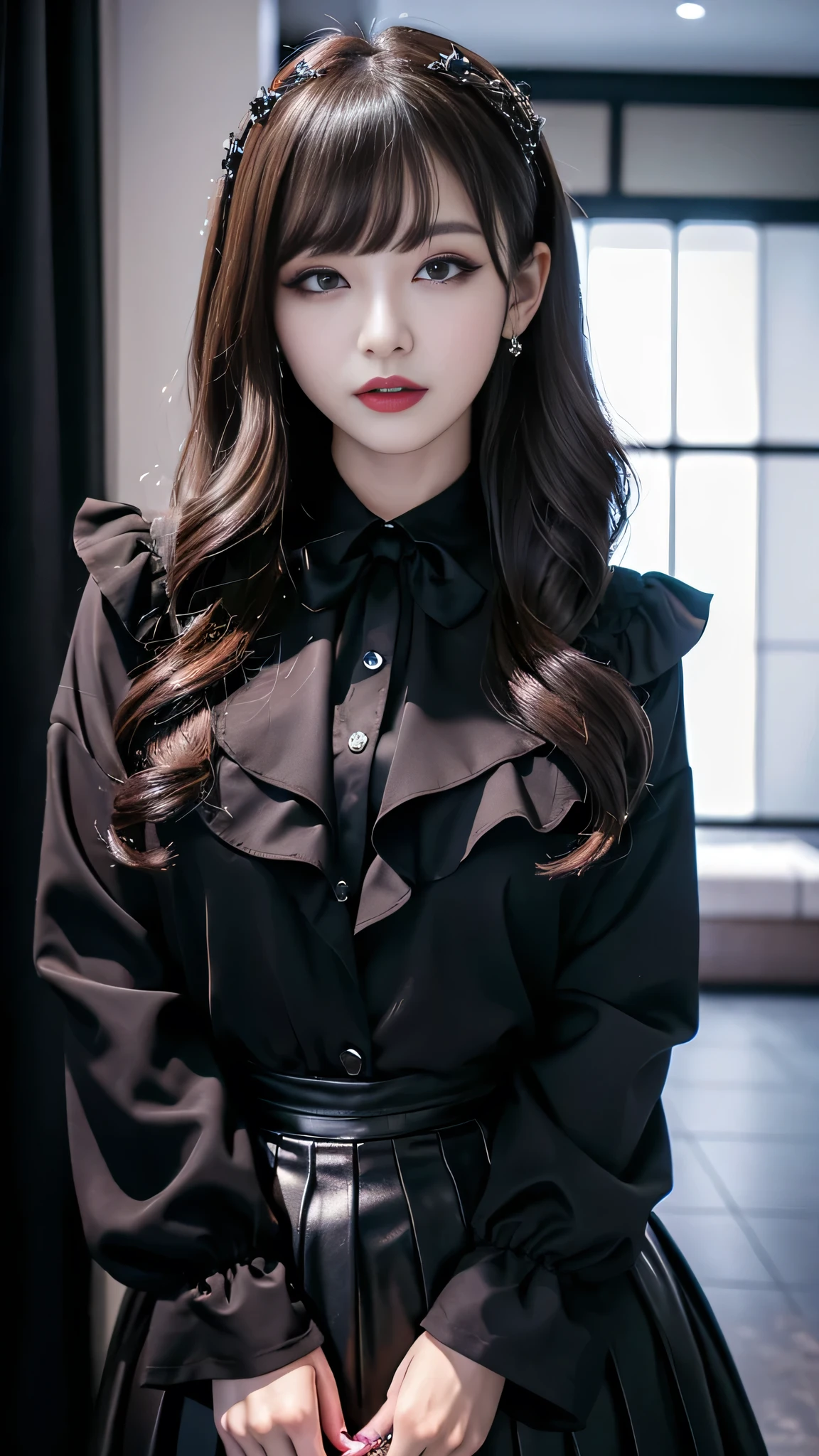 best quality、ultra-detailed、4k、Japanese、Seductive beauty、seductive adult woman、Pretty Woman、cool girl、Villainess、Brainwashed、brainwash、Fallen into evil、smirk、Evil look、Wicked Smile、evil、Brown hair、wavy hair、swept bangs、dark makeup、dark makeup、piercing eyes、hollow eyes,half-closed eyes、Hollow Eyes、purple Eyeshadow、black lipstick、black lipglos、suit、Jacket、Black Ribbon、Frilled blouse、flare skirt、night、inside darkroom、Has a switch、Emblem of Evil、Crest of Darkness、Swear allegiance、I have pledged my allegiance、Dye black、Blackening、Stained with evil、Dyed in darkness、Whisper in my ear