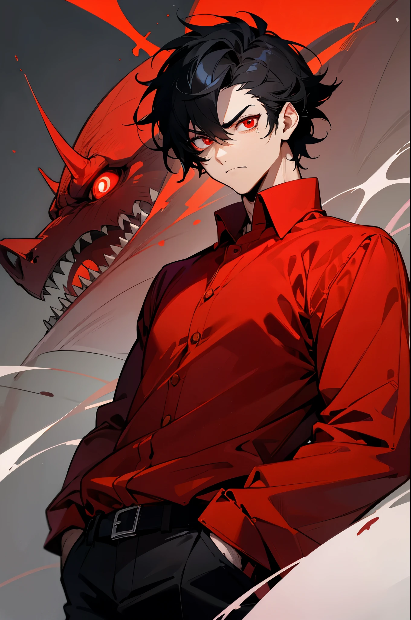 Male, Young, Smirk, Crimson Eyes, Snake Pupils, Snake Eyes, Light Grey Skin, Vampire Fangs