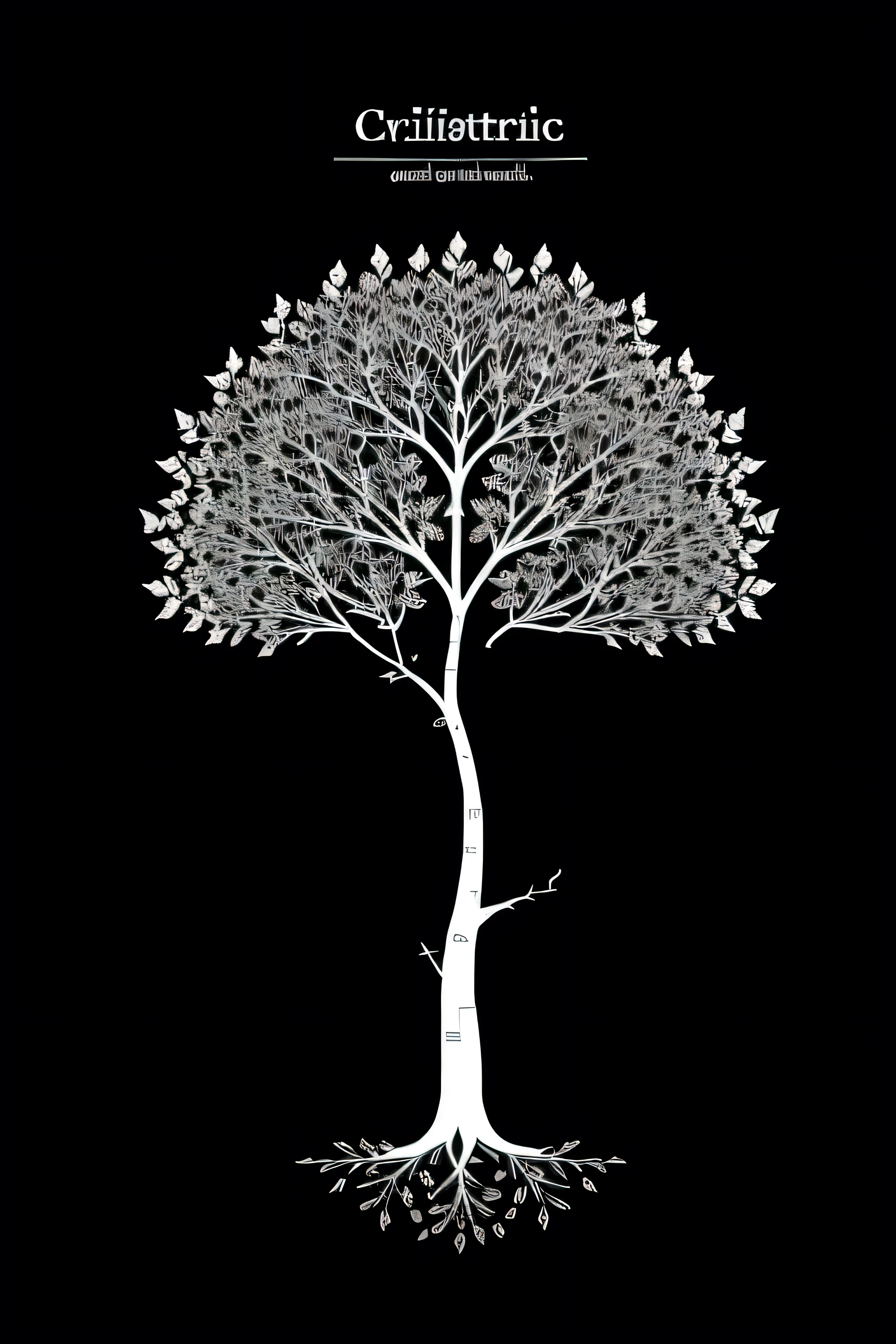 create an analytical tree with black and white systematic leaves and roots in vector style