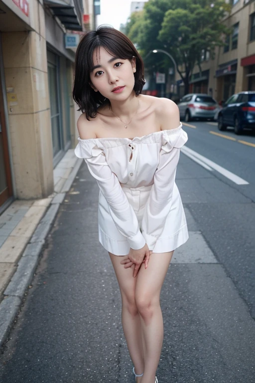 (One 、Girl with anatomically perfect body、Highly detailed hands、Perfect hands、Highly detailed face、Cute eyes、White skin、A-Line Bob:1.1)、(Off-the-shoulder blouse、petticoat、Sandals)、I have to pee、The strongest need to pee、Myself peeing、Pee leaks:1.3)、(Erotic twisting of the body、Standing on one leg:1.3)、(Street:1.2)、(despair、Hurry、blush、Tilt your head) 、look up:1.2)、close your eyes、Highest
