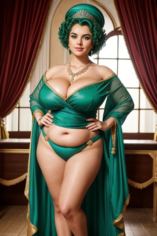 CHUBBY QUEEN, , BBW, photo vintage, visage feminin parfait, GREENHAIR , tache de rousseur, 1788, big huge breasts : 68H,FRONT VIEW, Rembrandt LIGHT , EXTREME LONG V-NECK, BIG CLEAVAGE, BEAUTIFUL EYES, BEAUTIFUL HANDS, LIGHT SMILES, PERFECT FACE, tres long décolleté, CASTLE BACKGROUND, QUEEN, NECKLACE, RING, JEWELERY RICH, SFW, FULL BODY, COLORFUL, ITALIAN, ROYAL BIKINI , ROYAL BEDROOM , harem