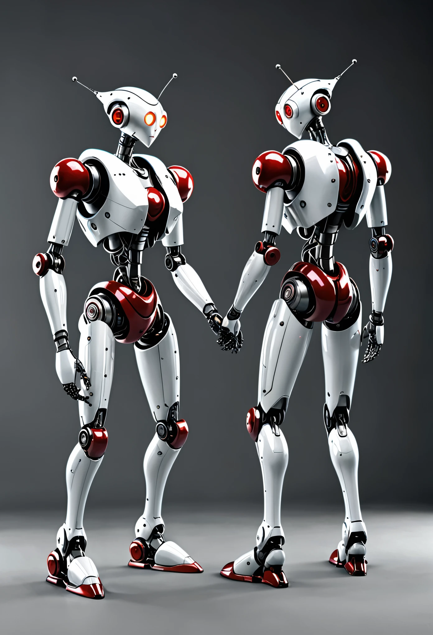 High quality and well drawn image of Atomic heart robot twins bending over with knees bent looking back
