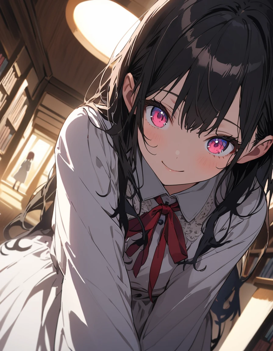 Yuri_white, [[[unfortunate]]],  [[[library]]], [[Tilt]]、lily、Two girls facing each other、Smile lightly、Same-sex romance、(highest quality、masterpiece、High resolution、detailed)、animeスタイル、Flat Style、(Beautiful Eyes, Delicate and beautiful face, ),  BREAK,extremely detailed、High Contrast、Super Detail、(The Shining), Best lighting, Best Shadow、High saturation,Dynamic Angle、anime