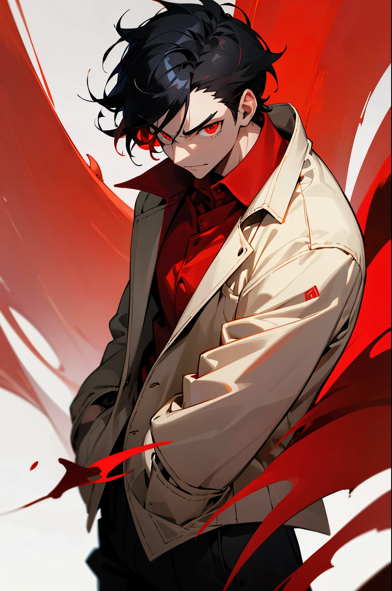 a drawing of a man with a red shirt, with red glowing eyes, with glowing red eyes, his eyes are red and glowing, fully red eyes, sharp red eyes, large red eyes!!!, fully red eyes no pupils, bright red eyes, with red eyes, his eyes glowing red, his eyes are bleeding intense, red-eyed, red - eyed, black hair, arms in pockets, serious face, upper body