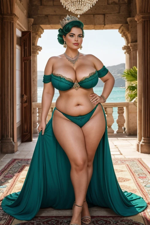 CHUBBY QUEEN, , BBW, photo vintage, visage feminin parfait, GREENHAIR , tache de rousseur, 1788, big huge breasts : 68H,FRONT VIEW, Rembrandt LIGHT , EXTREME LONG V-NECK, BIG CLEAVAGE, BEAUTIFUL EYES, BEAUTIFUL HANDS, LIGHT SMILES, PERFECT FACE, tres long décolleté, CASTLE BACKGROUND, QUEEN, NECKLACE, RING, JEWELERY RICH, SFW, FULL BODY, COLORFUL, ITALIAN, ROYAL BIKINI , ROYAL BEDROOM , harem
