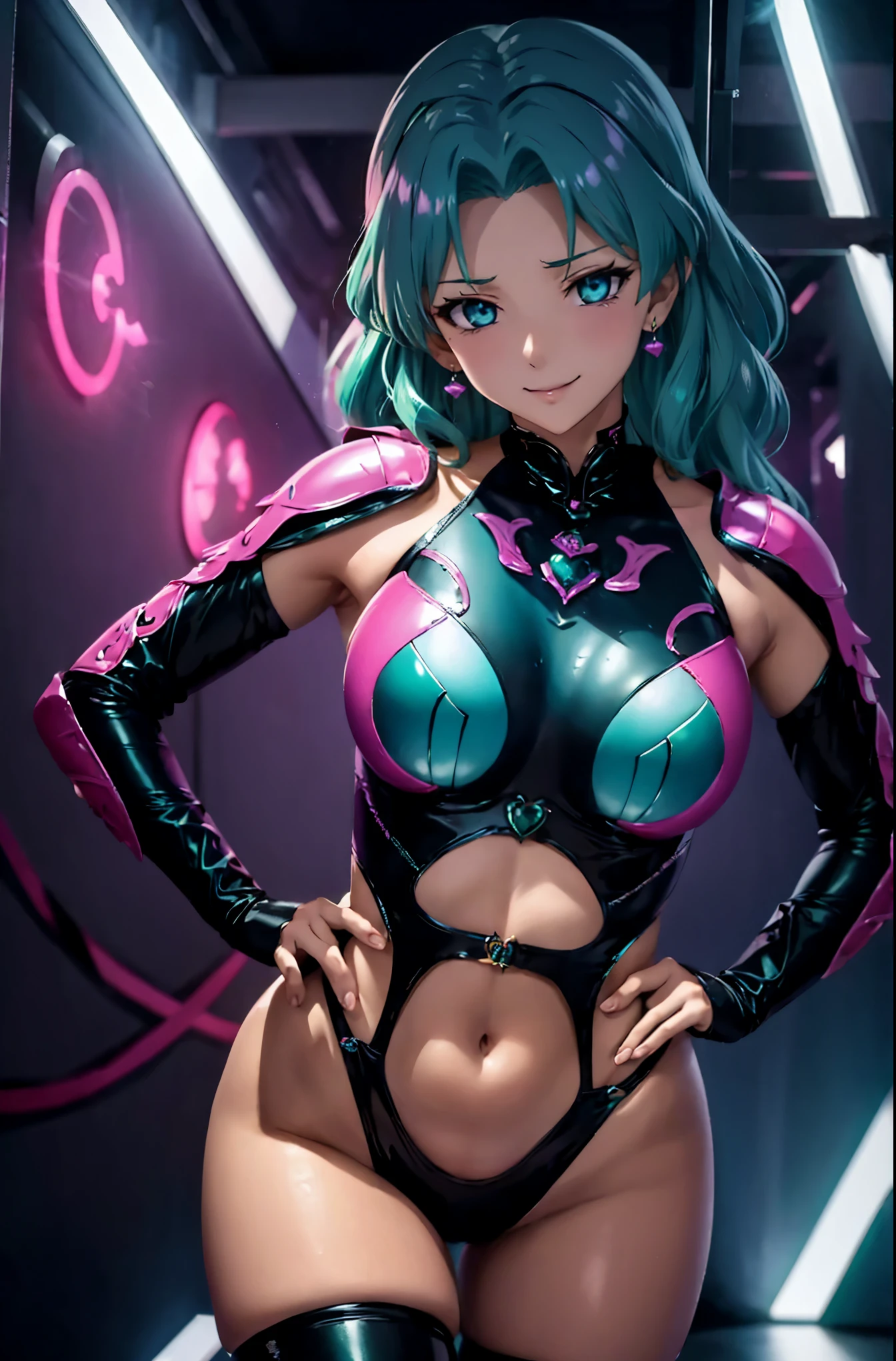 SailorNeptune. Evil Smile. Aqua color hair. dark costume. Transparent Bodystocking. mind control. corruption. Heart Pasties. pink glow eye. Covered in mucus.
