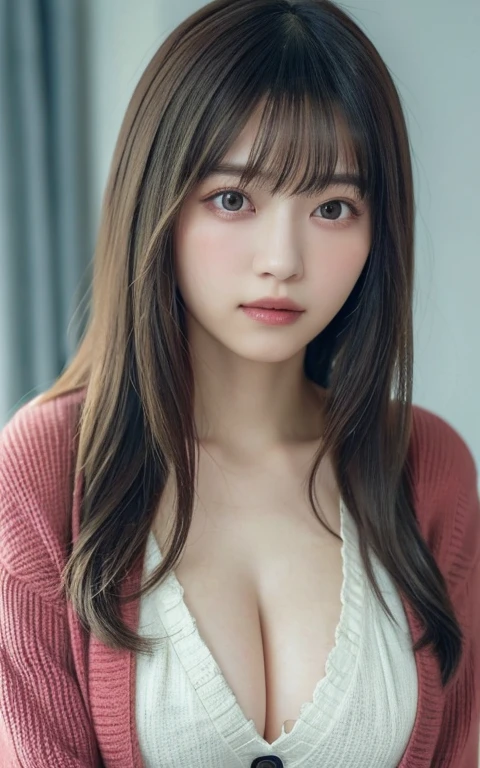 masterpiece, highest quality, 8k, 20th Generation, Large Breasts, cute, alone, sad, cute, Girlish, Delicate girl, Pure beauty, RAW Photos, Professional photography, Portraiture, Soft Light, Professional Lighting, Backlight, Upper Body, avert your eyes, Sophisticated, Film Grain, (Eyes and facial details:1.0), Short floating hair, Beautiful, flowing hair, bangs, Cardigan on blouse、(Large Breasts:1.0)、You can see a little cleavage、Dolly Makeup、Odd Eye、The colour of the left and right eyes are different