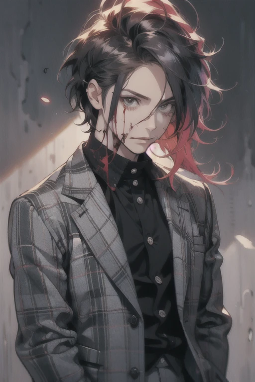 Thin, mid length raven hair with red high lights. Blood dripping from his face. One male. 1800s attire. Blazer, trousers. Button up shirt with frill.