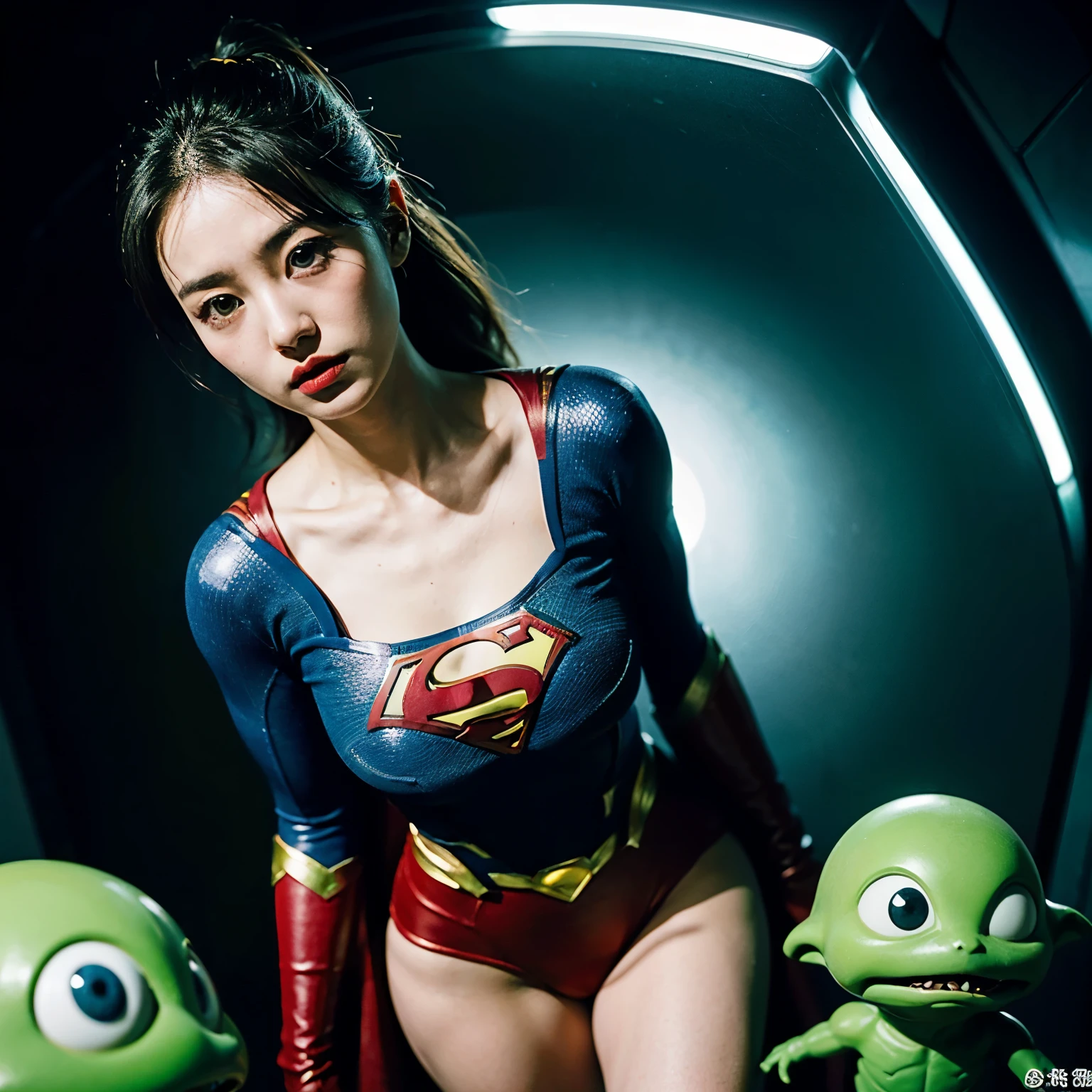 Supergirl、emphasize big bust、Inside an alien spaceship、異星人と闘うSupergirl、(Five short green aliens:1.2)、(ひじ掛け椅子に拘束されたSupergirl:1.4)、