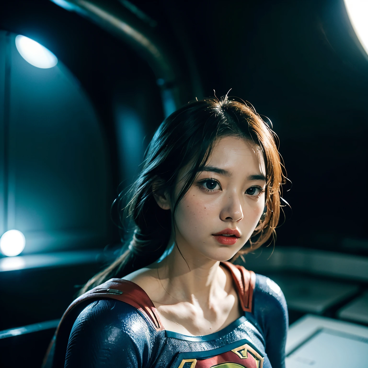 Supergirl、emphasize big bust、Inside an alien spaceship、異星人と闘うSupergirl、(Five short green aliens:1.2)、(ひじ掛け椅子に拘束されたSupergirl:1.4)、