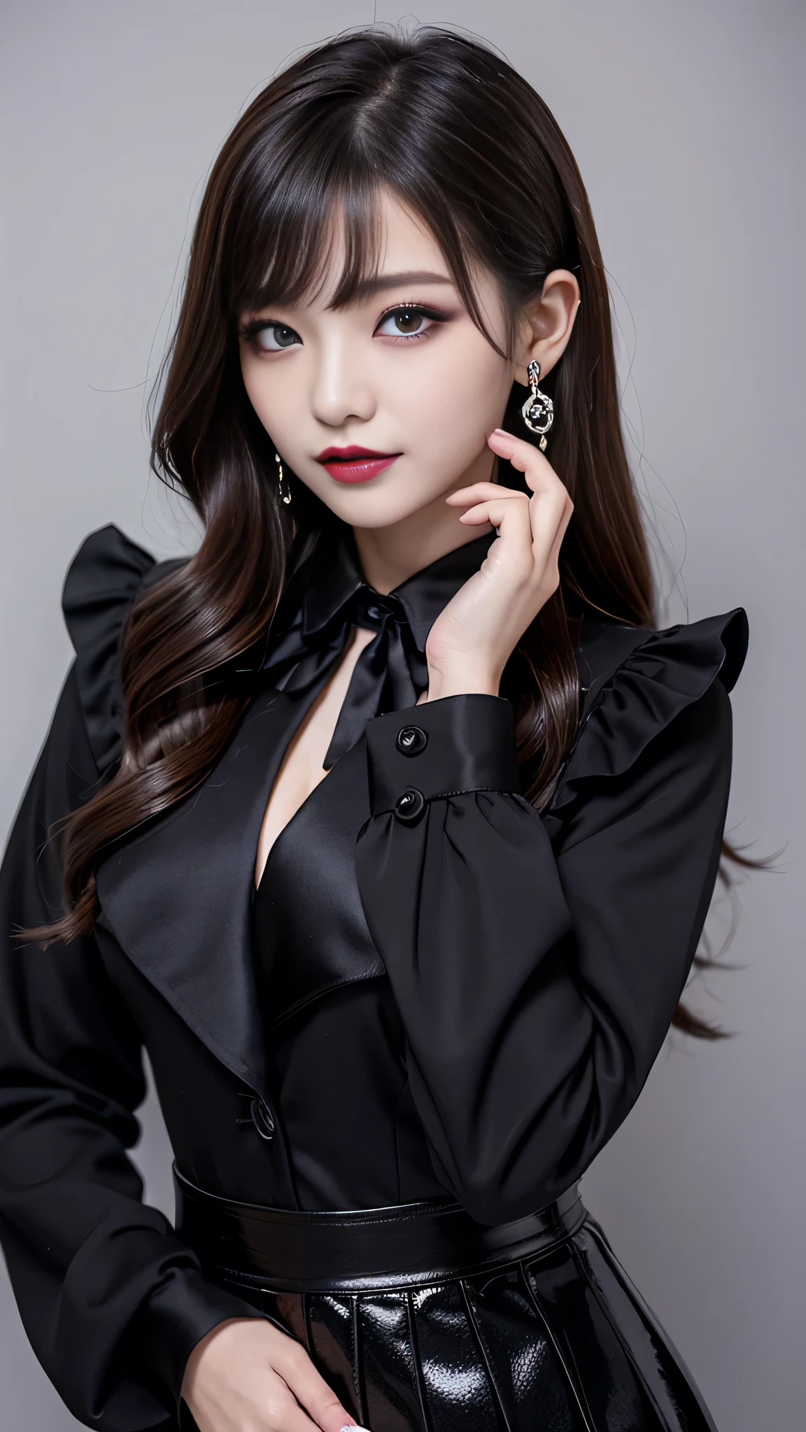 best quality、ultra-detailed、4k、Japanese、Seductive beauty、seductive adult woman、Pretty Woman、cool girl、Villainess、Brainwashed、brainwash、Fallen into evil、smirk、Evil look、Wicked Smile、evil、Brown hair、wavy hair、swept bangs、dark makeup、dark makeup、piercing eyes、hollow eyes,half-closed eyes、Hollow Eyes、purple Eyeshadow、black lipstick、black lipglos、suit、Jacket、Black Ribbon、Frilled blouse、flare skirt、night、inside darkroom、Has a switch、Emblem of Evil、Crest of Darkness、Swear allegiance、I have pledged my allegiance、Dye black、Blackening、Stained with evil、Dyed in darkness、Whisper in my ear