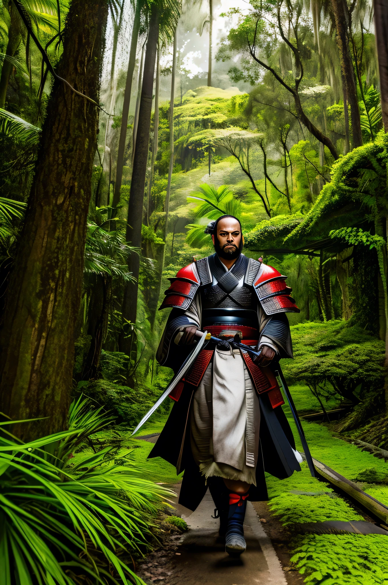 samurai com sua espada andando na floresta com arvores de cerejeira floridas