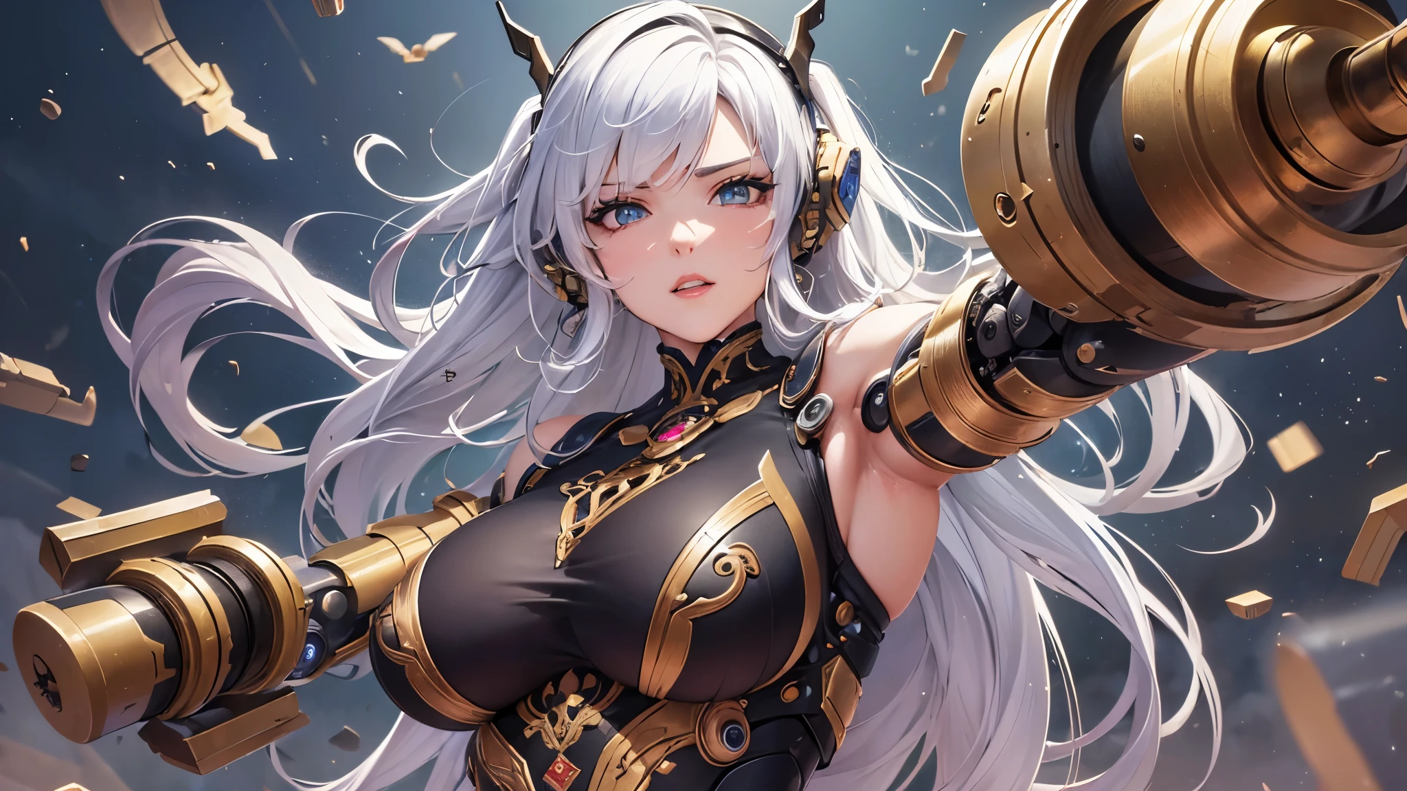 ((highest quality)),(Ultra-high resolution),(Very detailed),(Detailed Description),((The best CG)),(A masterpiece),Ultra-detailed art,Amazing painting art,(Sci-fi art with intricate detail:1.5), (1 female robot:1.6),(Beautiful and well-proportioned face:1.5),((Intricate mechanical structure with exquisite detail:1.5)),(A light source embedded in the body:1.7), Action Scenes:1.5,(Dynamic pose:1.8),(Her arms transform into guns:1.7)