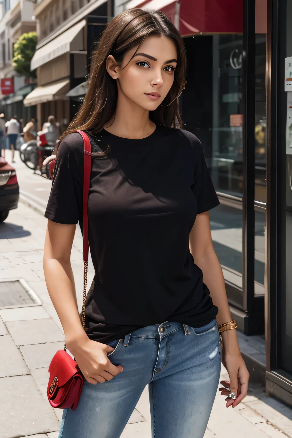 Arafed woman in red shirt and long jeans standing on the street corner, wearing red t-shirt, with Gucci bag around her arm, wearing tight, simple clothes ((best quality)), ((masterpiece)), (detailed), perfect face, full body photography