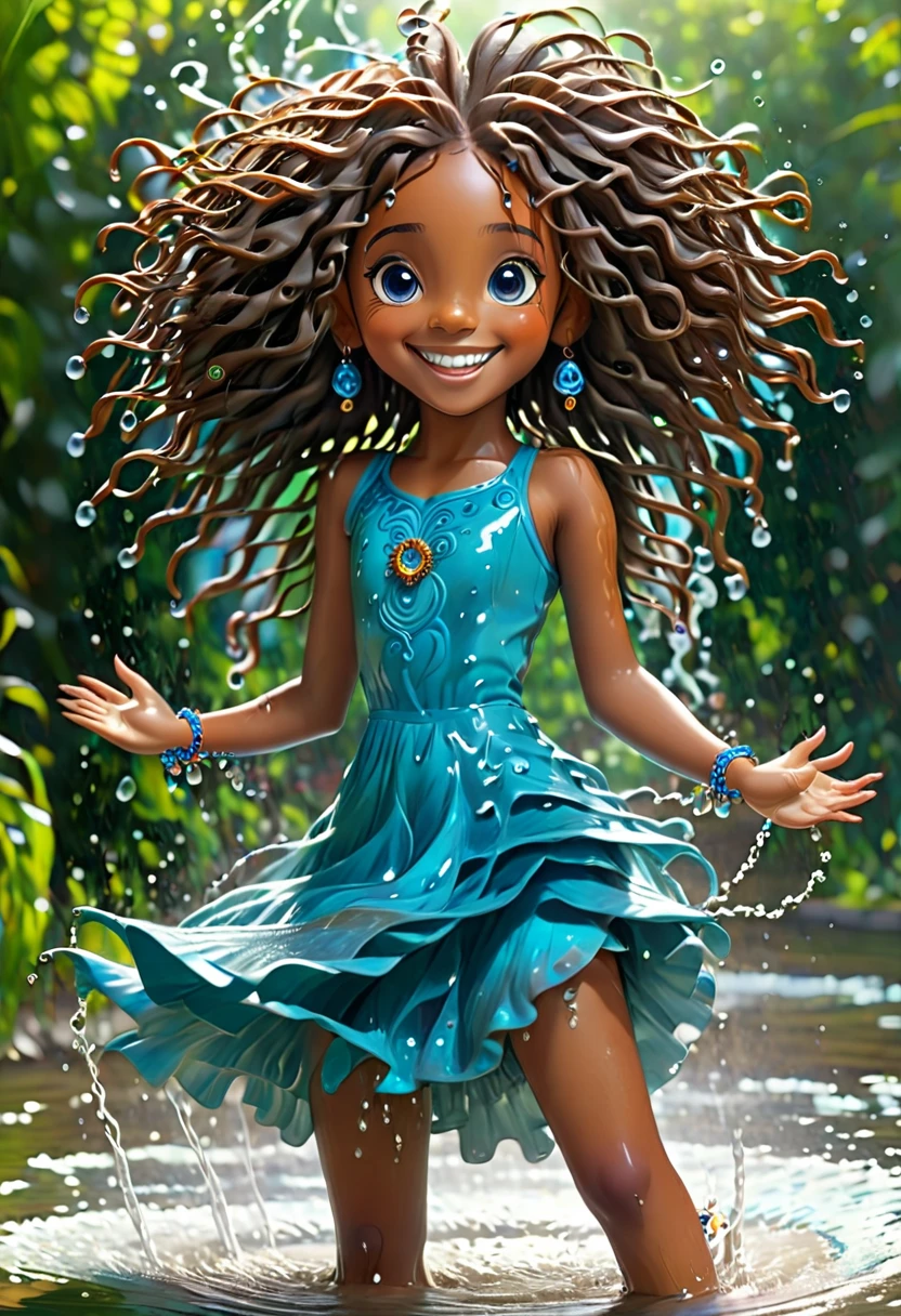 "((Dancing in the water)) is brown-skin girl with curly long blue hair ((eyes close)) ((smiling)) ((happy)) the girls feet sends sprays of water upwards. ((Around the girl's feet is brown beads))"