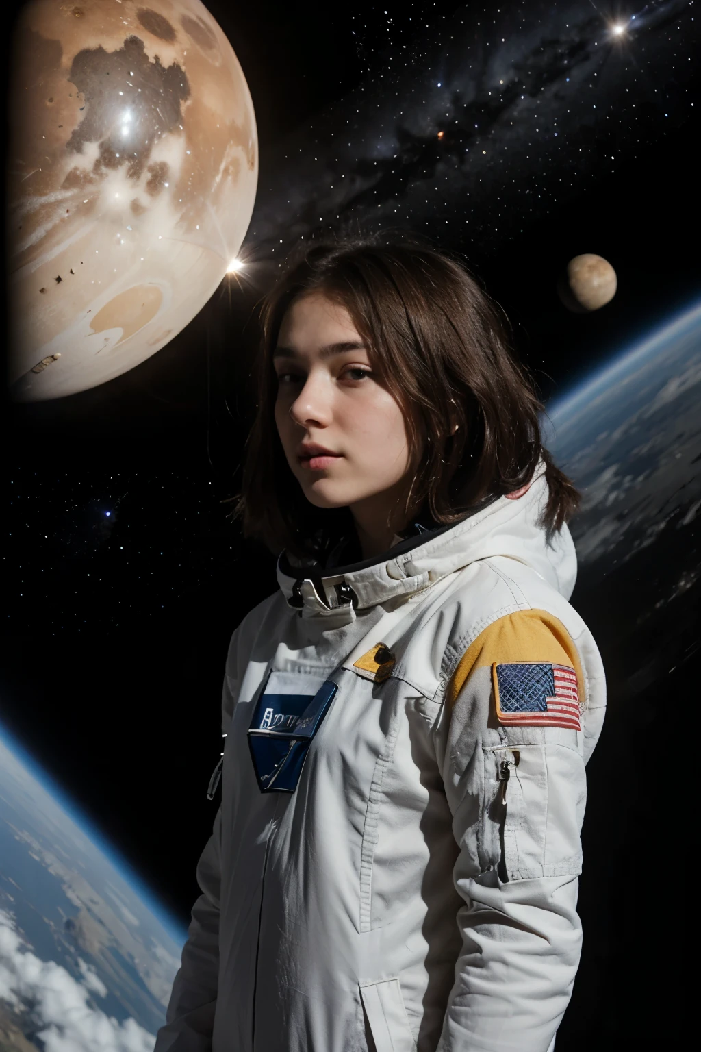  A teenager stands far away in space decorated with stars and planets