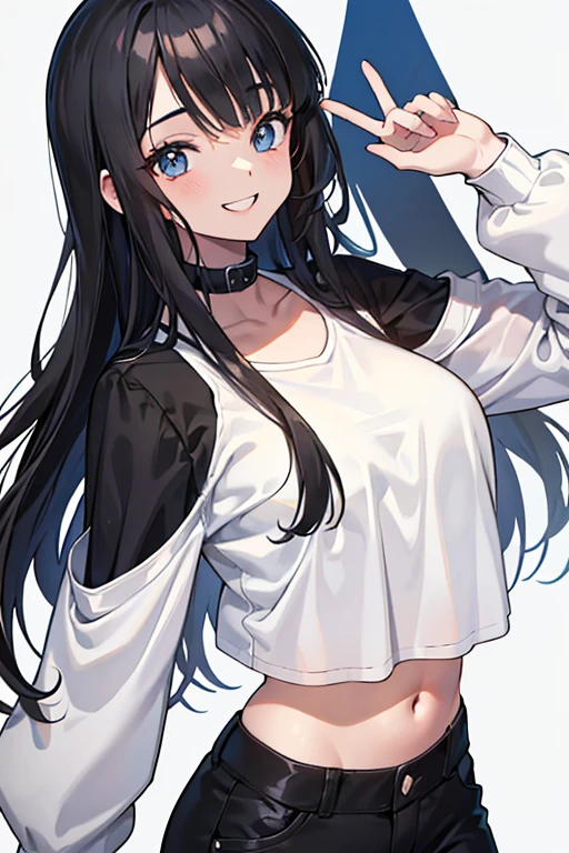 Uma jovem garota com seus , pele clara, cabelo longo preto, liso, olhos pretos, sorrindo, wearing a black blouse with some white details with a low neckline and matching pants, estilo anime
