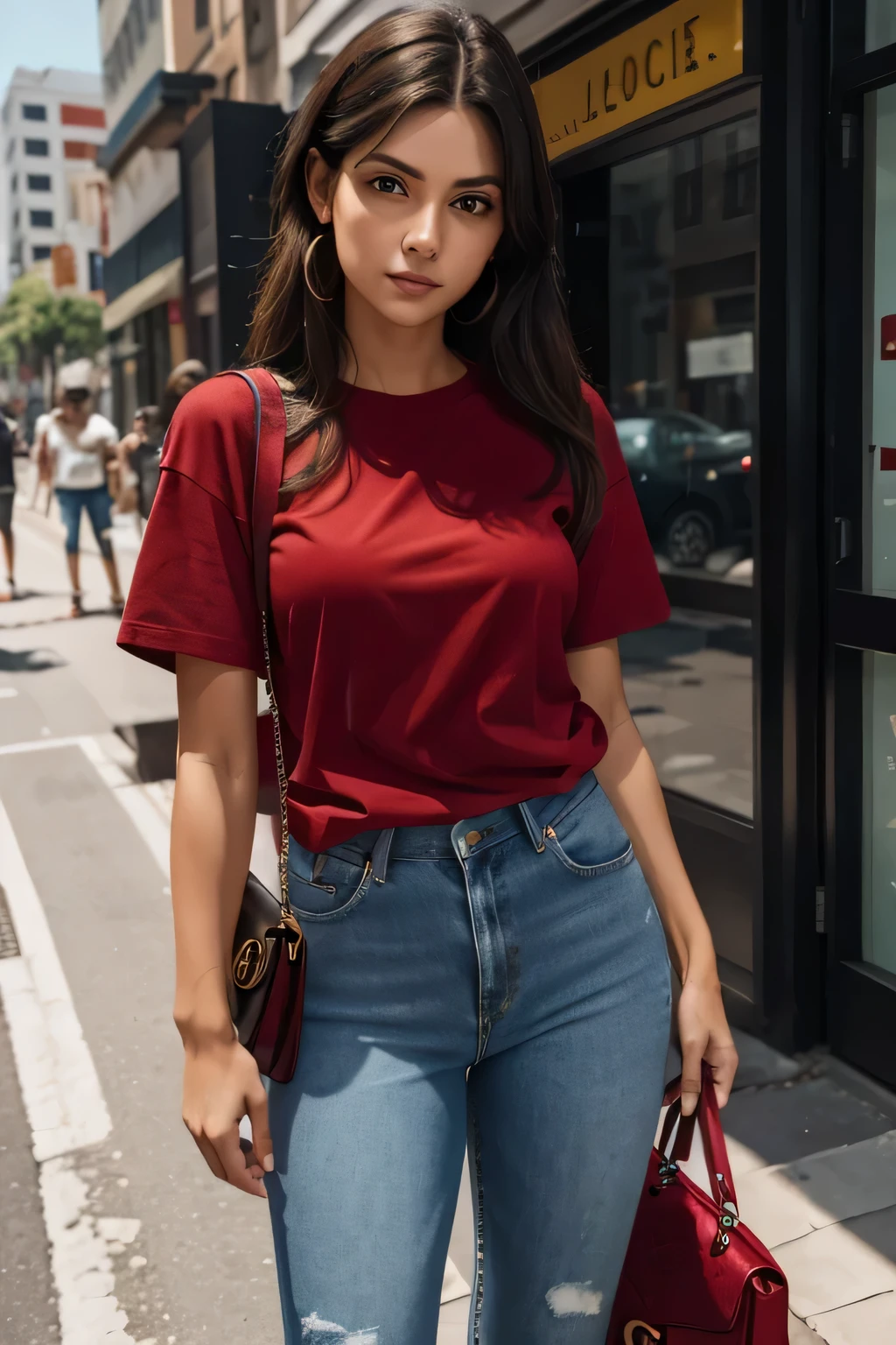 Arafed woman in red shirt and long jeans standing on the street corner, wearing red t-shirt, with Gucci bag around her arm, wearing tight, simple clothes ((best quality)), ((masterpiece)), (detailed), perfect face, full body photography