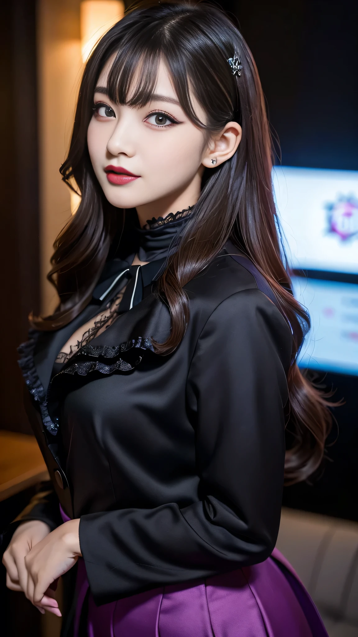best quality、ultra-detailed、4k、Japanese、Seductive beauty、seductive adult woman、Pretty Woman、cool girl、Villainess、Brainwashed、brainwash、Fallen into evil、smirk、Evil look、Wicked Smile、evil、Brown hair、wavy hair、swept bangs、dark makeup、dark makeup、piercing eyes、hollow eyes,half-closed eyes、Hollow Eyes、purple Eyeshadow、black lipstick、black lipglos、suit、Jacket、Black Ribbon、Frilled blouse、flare skirt、night、inside darkroom、Has a switch、Emblem of Evil、Crest of Darkness、Swear allegiance、I have pledged my allegiance、Dye black、Blackening、Stained with evil、Dyed in darkness、Whisper in my ear