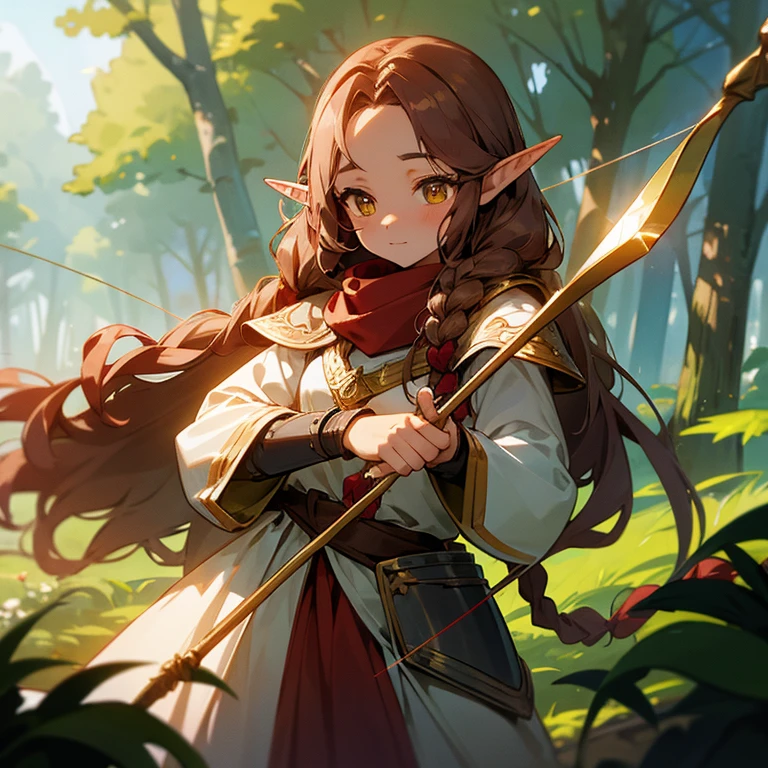Glamour shot of an elf girl in a fantasy forest village, long curly brown hair with braids, exposed forehead, gold eyes, cloth armor in earthly hues, red scarf, holding a bow and arrow