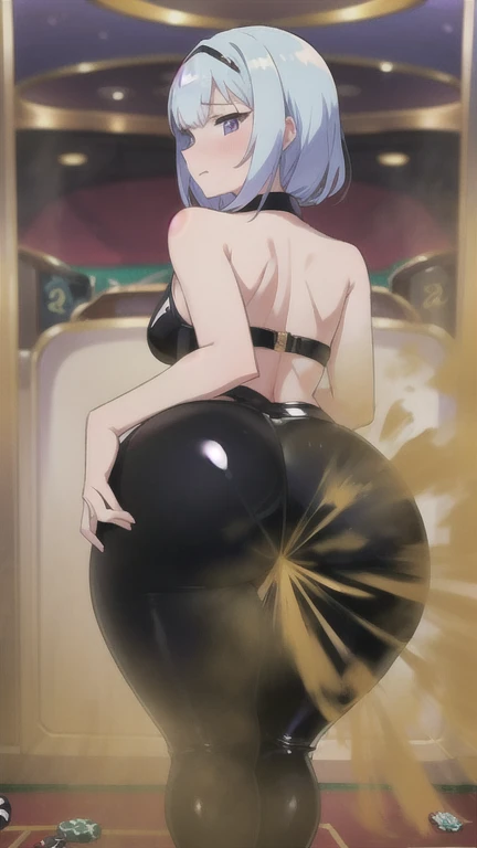 ((velocity)),Attacked by farts, (((Women farting))),(girl farting),velocity,)(a female casino owner),(wearing a shiny latex black leggings),(her butt facing screen and bending over)),(ass grab),(whitehair),(anime girl),(Casino),(masterpiece:1.2、top-quality, best-quality)、(the Extremely Detailed CG Unity 8K Wallpapers、ultra-detailed、Best Shadows)、(Detailed background)、(The best lighting、extremely delicate and beautiful)、depth of fields、1girl in、solo、upward looking gaze、