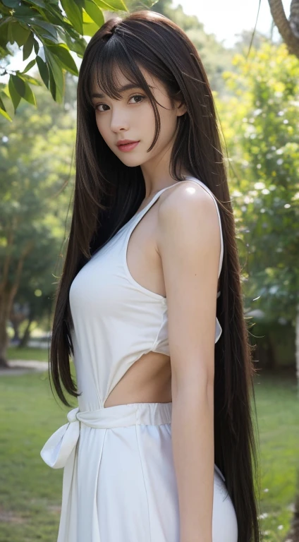 ((Best Quality, 8K, Masterpiece: 1.3)), Bondage Costume (5) Upper Body (1.3), Focus Clear: 1.2, Glossy Skin in the Light, Outstanding Beauty: 1.4, ((long straight Hair with bangs , Colossal: 1.2)), Highly Detailed Face and Skin Texture, Not Too Dark Parallel Eyebrows Detailed Eyes, Double Eyelids, Smile (1.3) Natural Makeup, Walking in the Sun Through the Trees (5)