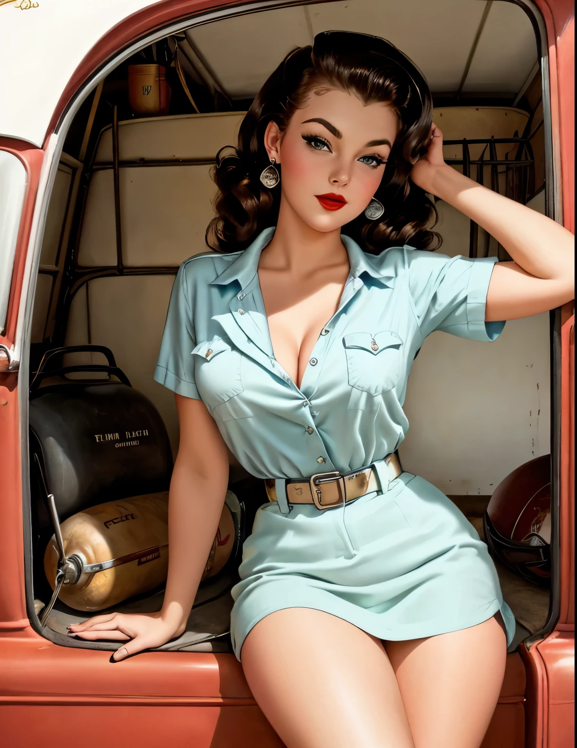 50’s Pin-up girl, in a garage, pickup truck, beautiful face, stunning, high details, 4k, 