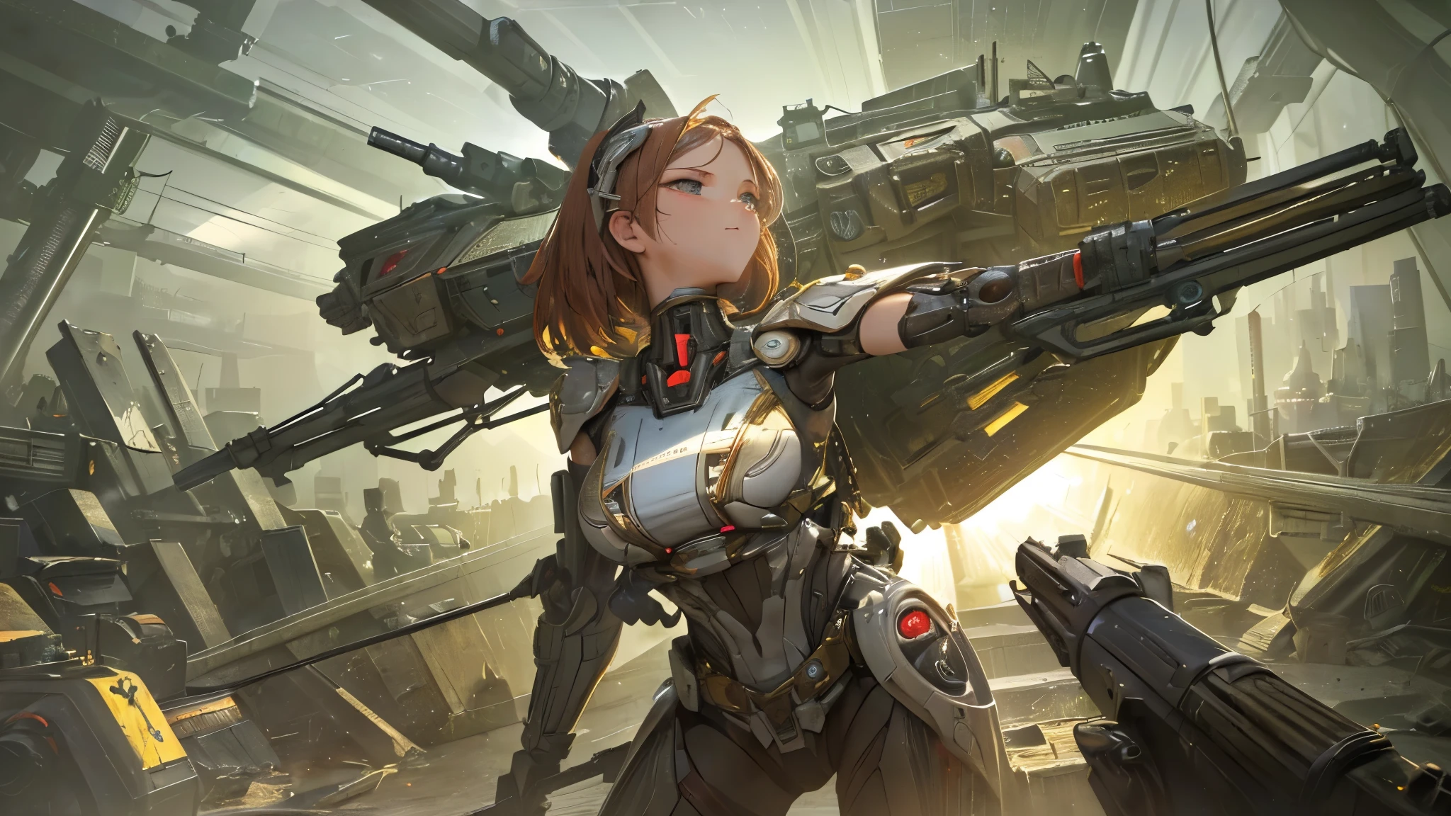 ((highest quality)),(Ultra-high resolution),(Very detailed),(Detailed Description),((The best CG)),(A masterpiece),Ultra-detailed art,Amazing painting art,(Sci-fi art with intricate detail:1.5), (1 female robot:1.6),(Beautiful and well-proportioned face:1.5),((Intricate mechanical structure with exquisite detail:1.5)),(A light source embedded in the body:1.7), Action Scenes:1.5,(Dynamic pose:1.8),(Her arms transform into guns:1.7)