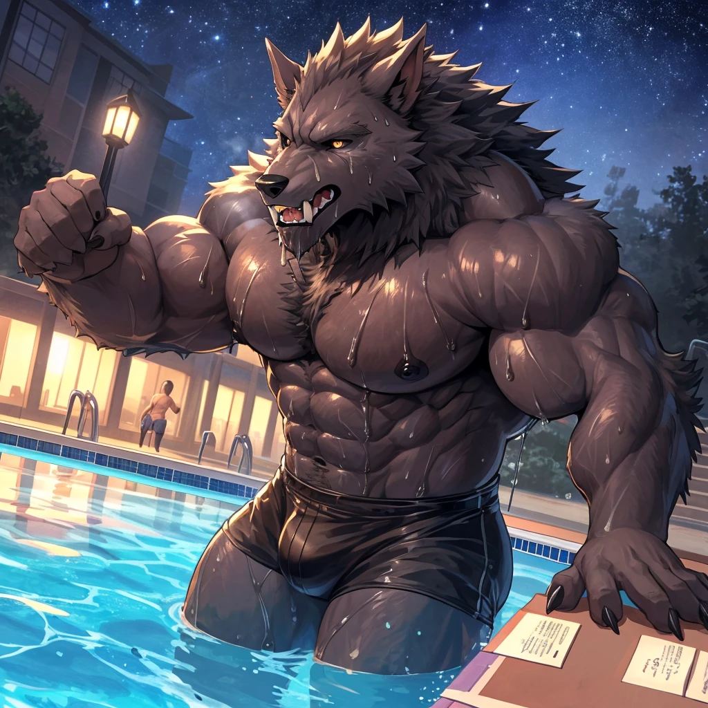 (highest quality:1.2), (masterpiece:1.2), anime, ultra detailed, angle from bottom
, Shaggy male black wolf, Black Wolf, great physique,Strong arms, manly
, (Excessive sweating:1.7), (Sweat all over the body:1.7)
, (Transforming from a human to a werewolf:1.7), Street lights

, Fine grain, (ultra detailed eyes:1.4), black sclera, purple iris
, black tongue, A large amount of saliva, Tears dripping

, black swimsuit
,From null-ghost, (Poolside:1.5), The background is a forest, The lost city lights, end:night、in the starry sky, (Being touched by a human student:1.2)
